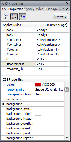 CSS Properties task pane