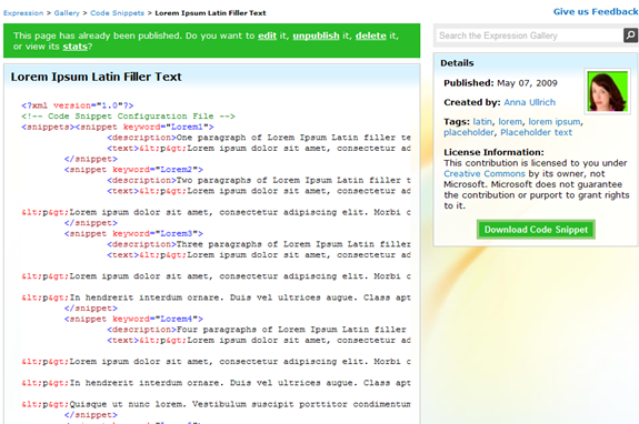 Expression Community Gallery page for Lorem Ipsum Latin Filler Text code snippet
