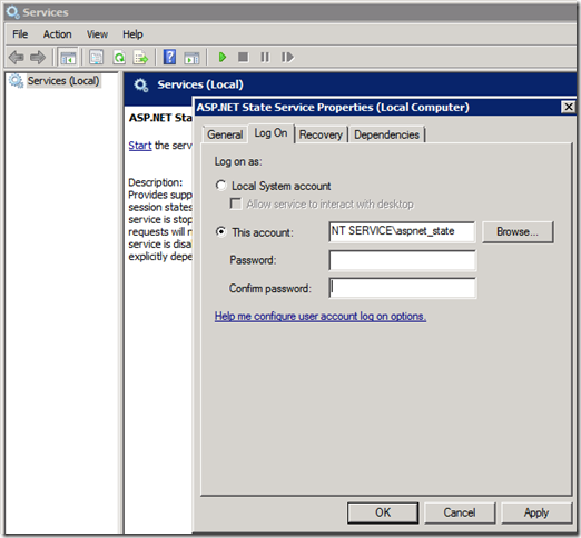 services.msc ASP.NET State Log On