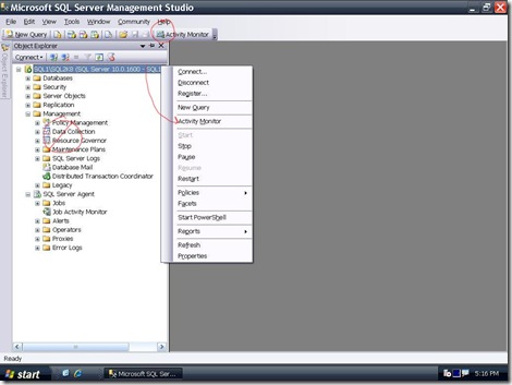 SSMS 2008 Activity Monitor Launch Points