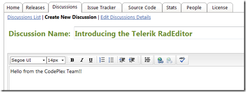 Telerik RadEditor in the Discussions