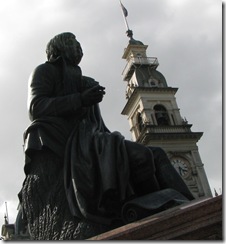 The centre of the Octagon in Dunedin with the Town Hall in the background