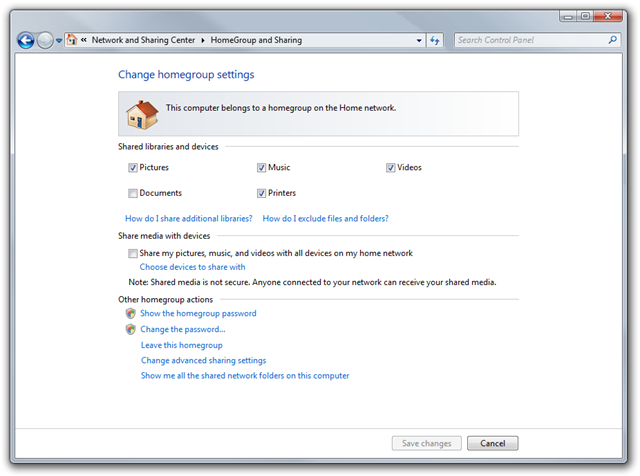 Changing Homegroup settings to include printers.