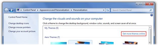 Personalization Control Panel: Get more theme online link