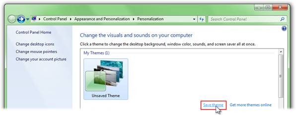 Personalization Control Panel: I clicked "Save Theme" to ensure that my current personalization settings will always be available in the themes gallery.