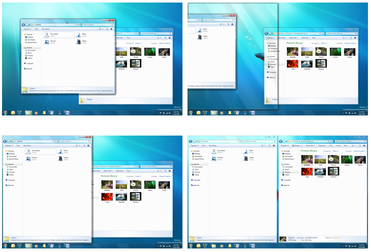 Put windows side-by-side with Aero Snap by moving the cursor to the edge of the screen (left to right, top to bottom)