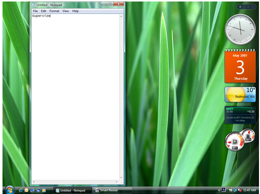 Early “smart resizer” prototype running on Windows Vista, note the taskbar button created by the prototype (and the date in the calendar to get a sense of where we are in the process)