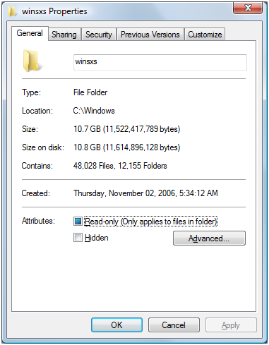 Example properties sheet for WinSxS directory.