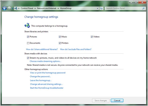 Changing homegroup settings