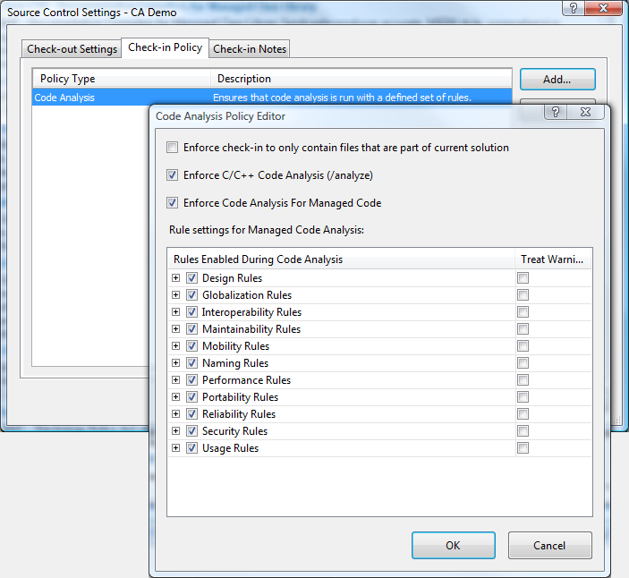 Code Analysis Policy Editor dialog