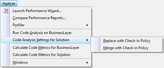 New Code Analysis Policy menus