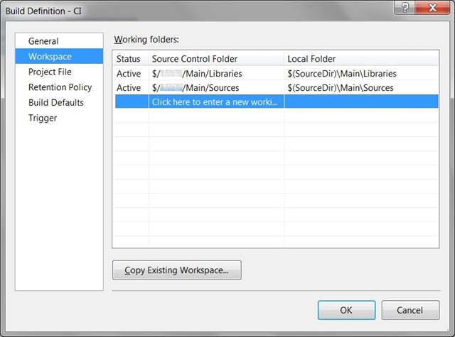 Build Definition Dialog on Workspace