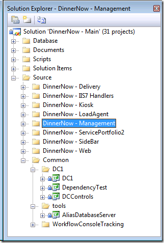 Solution Explorer showing DinnerNow solution