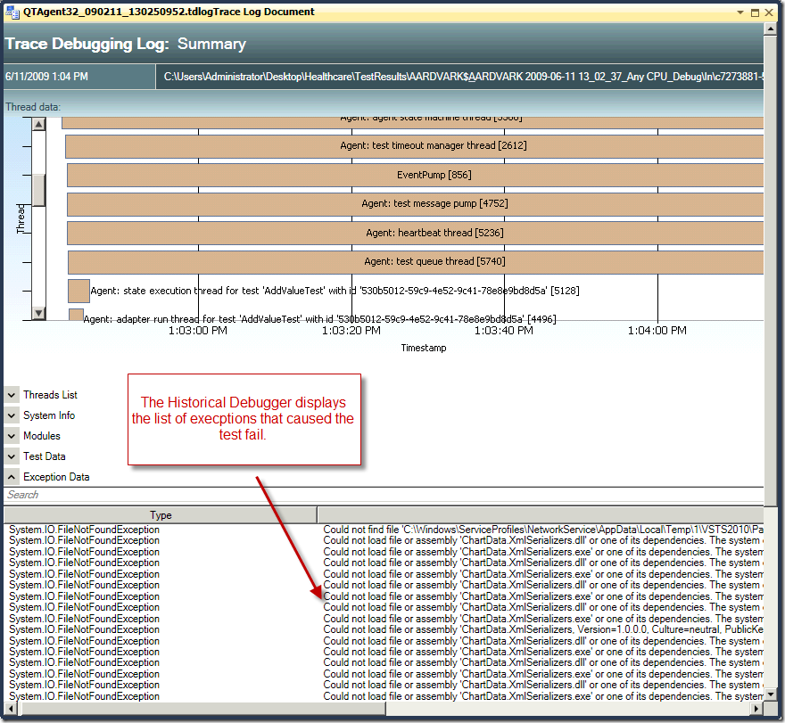 Historical Debugger summary page