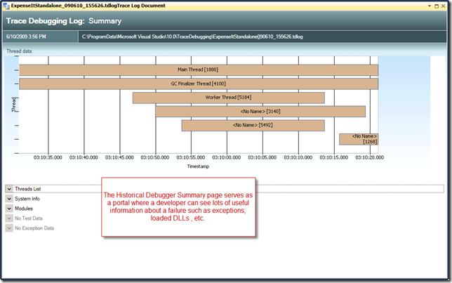 Historical Debugger Summary Page