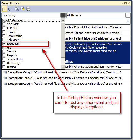 Filter exceptions in Debug History window