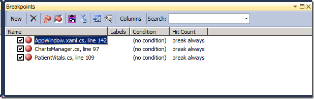 Breakpoints window showing three breakpoints