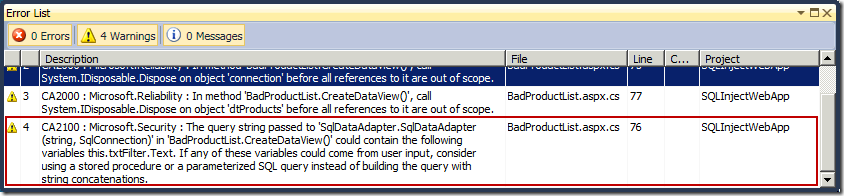 Error List showing SQL Injection attack