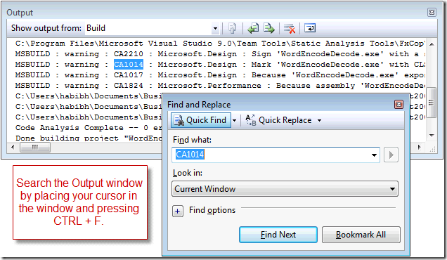 Output window Search