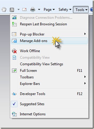 Step 1: Choose “Tools” then “Manage Add-ons” from IE8