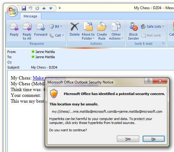 Outlook Security Notice on my protocol link