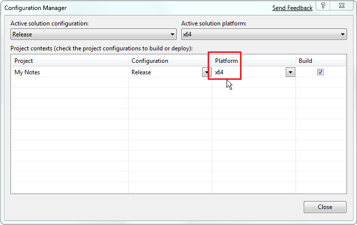 VS Configuration Manager dialog