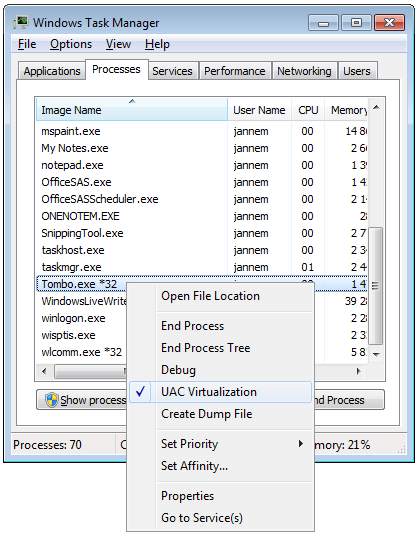 Windows Task Manager and UAC Virtualization