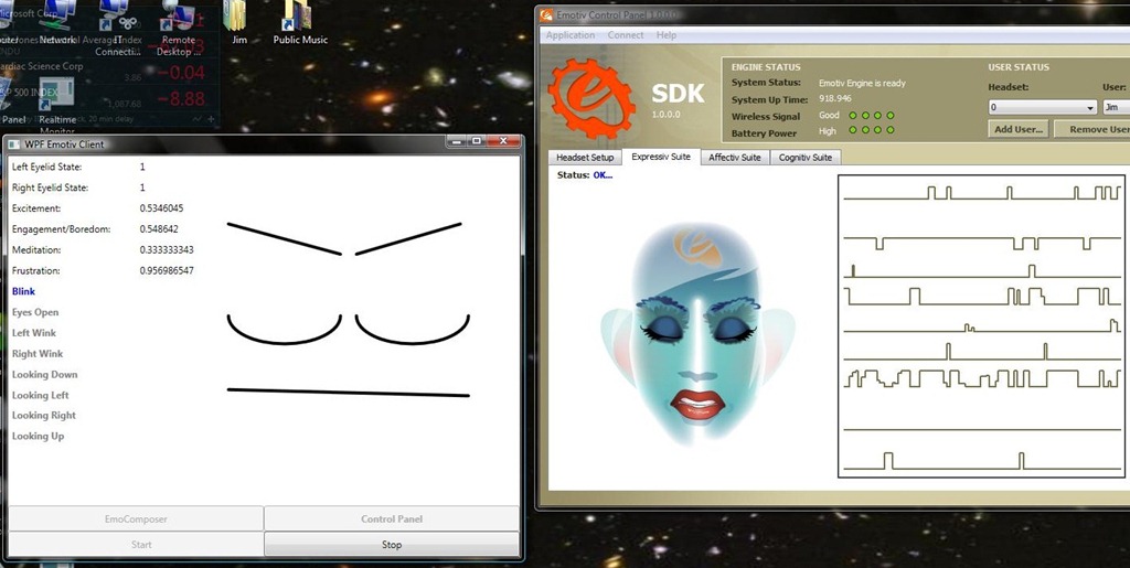 WPFEmotivClient and Emotiv Control Panel applications displaying realtime Epoc neuroheadset data.