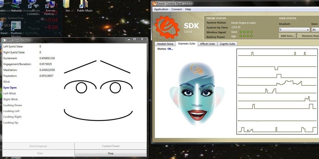 WPFEmotivClient and Emotiv Control Panel applications displaying realtime Epoc neuroheadset data.