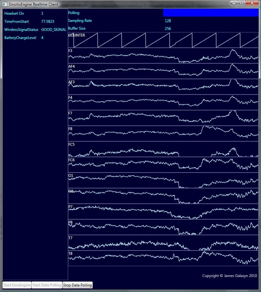 Emotiv Engine Client displaying realtime neurodata from the Emotiv EPOC headset. Copyright © James Galasyn 2010