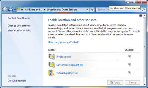 Location and Sensor control panel