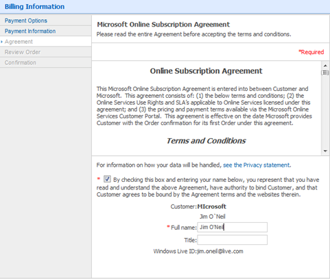 Billing Information: subscription agreement