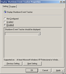 Display Shutdown Event Tracker Properties