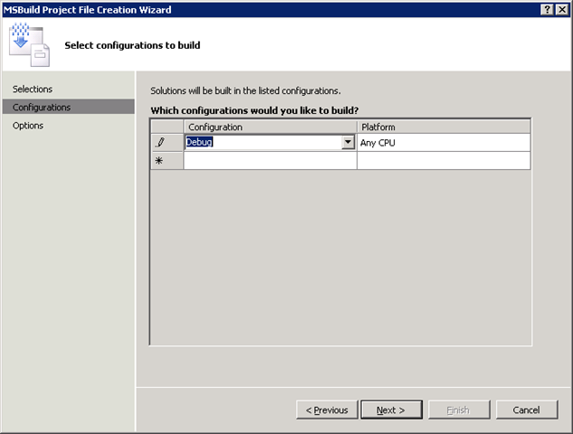MSBuild Project File Creation Wizard Configurations