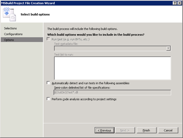 MSBuild Project File Creation Wizard Options