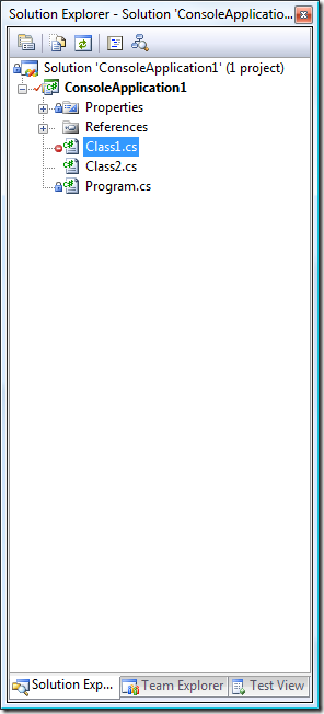 Class1.cs is excluded from Source Control while Class2.cs is added to project but not added to source control.