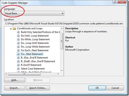 Code Snippet Manager display the C# "for" snippet