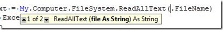 parameter info displayed for a function