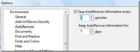 Tools Options Environment AutoRecover