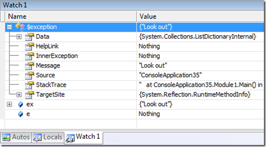 $exception in the Watch window