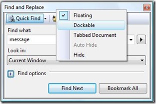 Making the find and replace window dockable