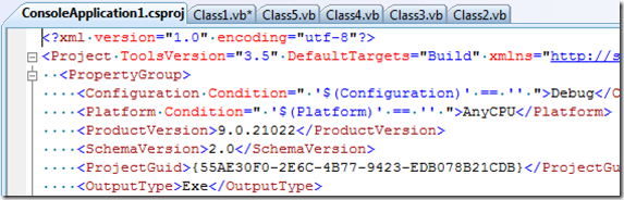 ConsoleApplication1.csproj file open in xml editor