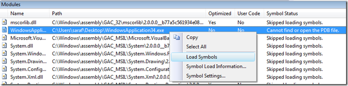 Load Symbols from Modules window