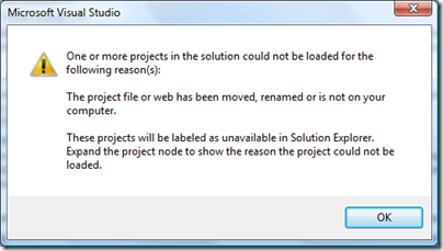 projects couldn't be loaded message box