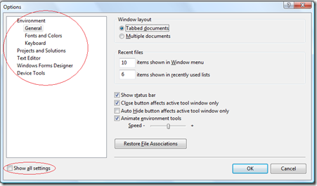 Tools Options in Simplified Tools Options mode