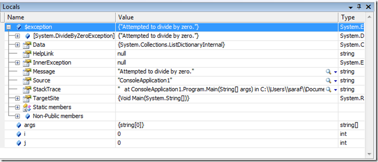 $exception shown in Locals window