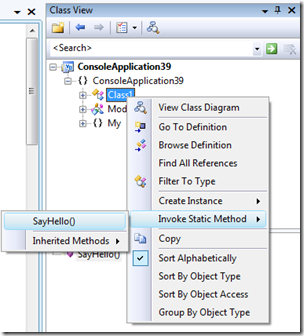 Invoke Static Method on the Class View context menu