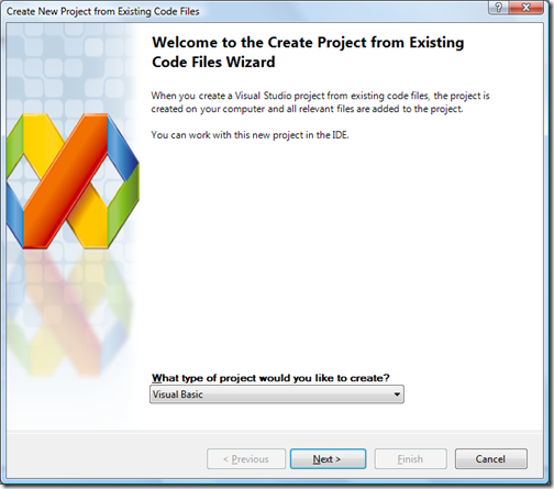 Create New Project from Existing Code Files wizard