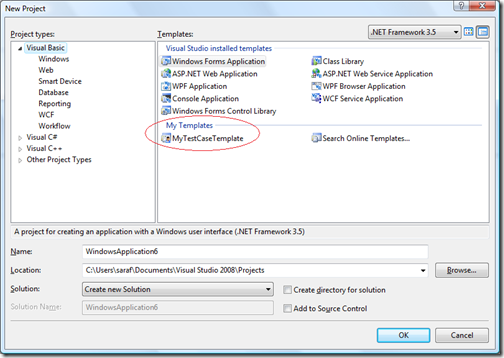 New Project Dialog with My Templates contained MyTestCaseTemplate template