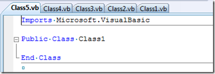 Class5.vb, Class4.vb, Class3.vb, Class2.vb, Class1.vb opened in Tab Channel